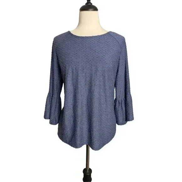 New Anthropologie W5 XL Blue Textured Swiss Dot 3/4 Bell Sleeve Back Zip Blouse - Picture 1 of 8